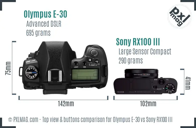 Olympus E-30 vs Sony RX100 III top view buttons comparison