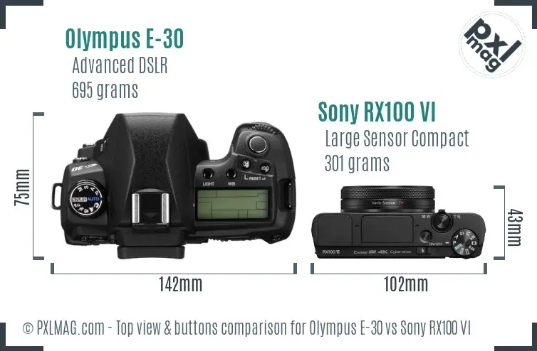 Olympus E-30 vs Sony RX100 VI top view buttons comparison