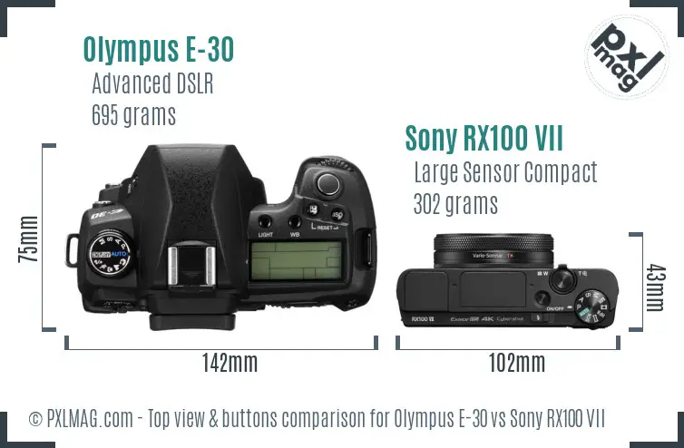 Olympus E-30 vs Sony RX100 VII top view buttons comparison