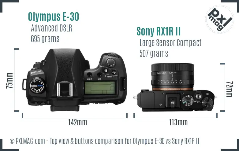 Olympus E-30 vs Sony RX1R II top view buttons comparison