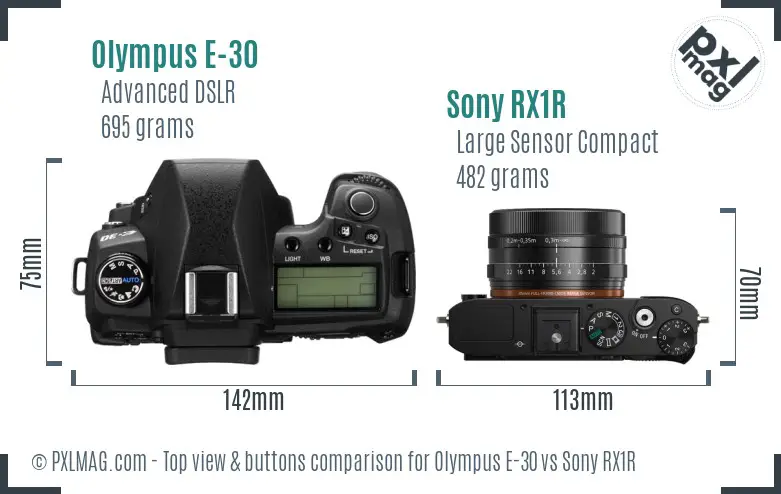 Olympus E-30 vs Sony RX1R top view buttons comparison