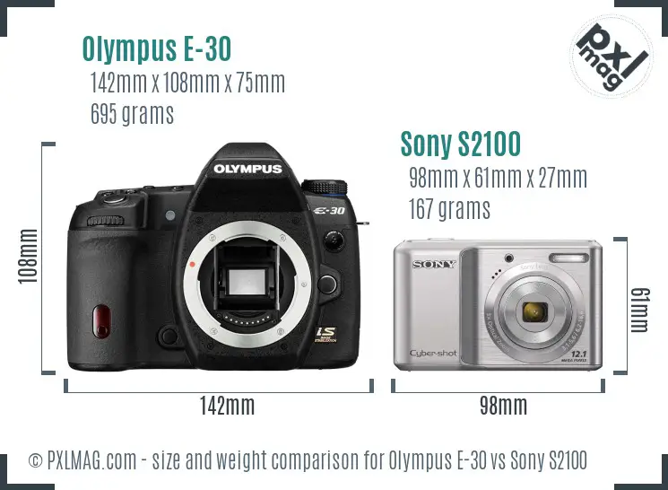 Olympus E-30 vs Sony S2100 size comparison