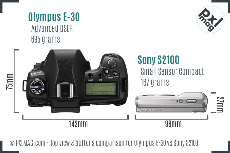 Olympus E-30 vs Sony S2100 top view buttons comparison