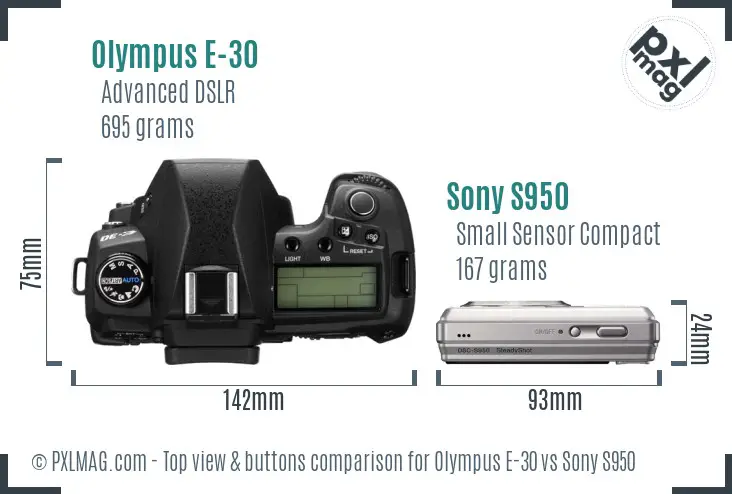 Olympus E-30 vs Sony S950 top view buttons comparison