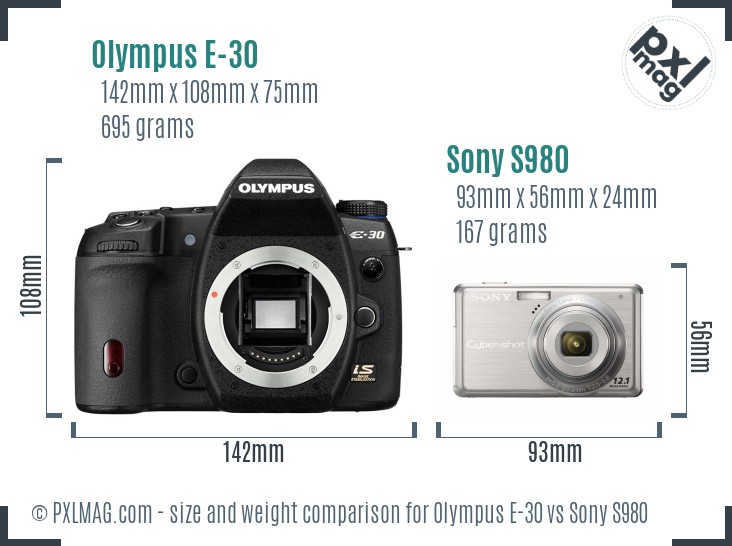 Olympus E-30 vs Sony S980 size comparison