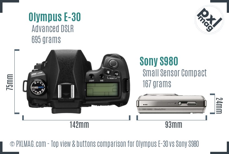 Olympus E-30 vs Sony S980 top view buttons comparison
