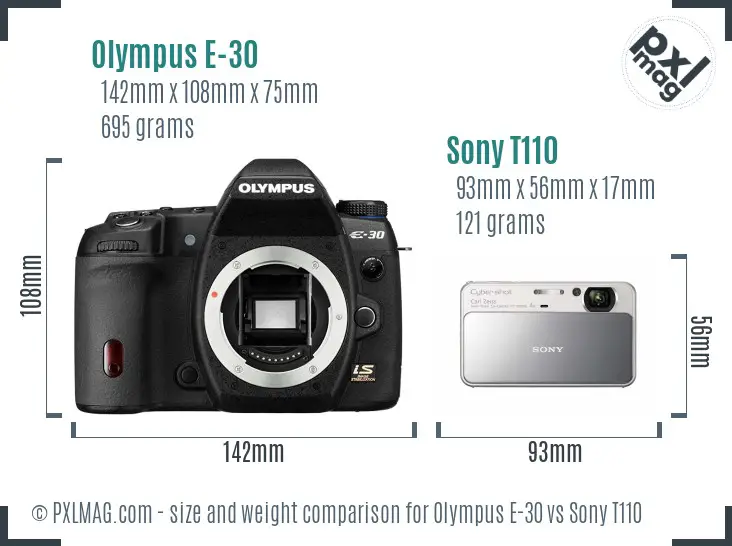 Olympus E-30 vs Sony T110 size comparison