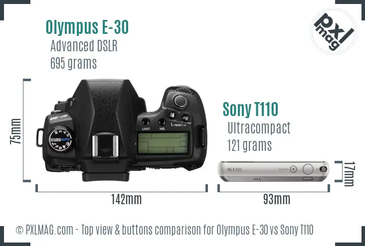 Olympus E-30 vs Sony T110 top view buttons comparison