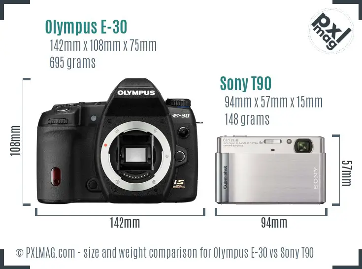 Olympus E-30 vs Sony T90 size comparison