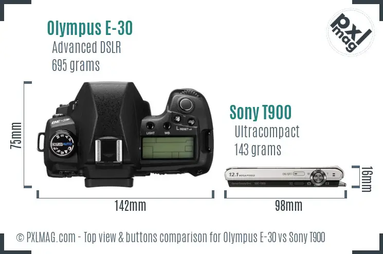 Olympus E-30 vs Sony T900 top view buttons comparison Olympus E-30 vs Sony T900 top view buttons comparison