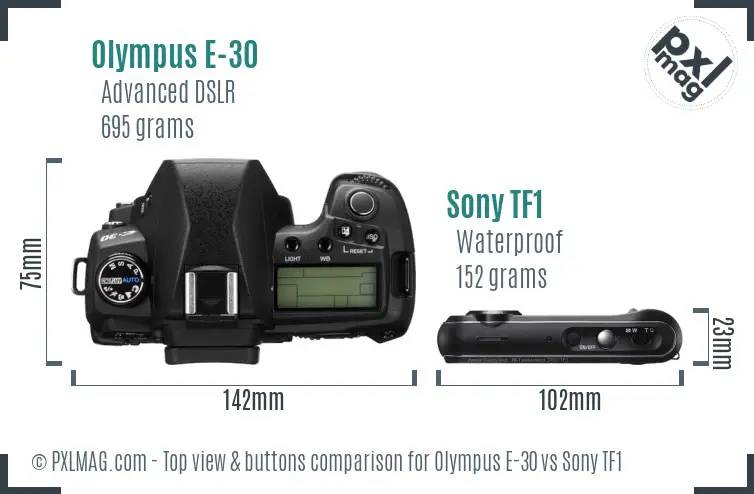 Olympus E-30 vs Sony TF1 top view buttons comparison