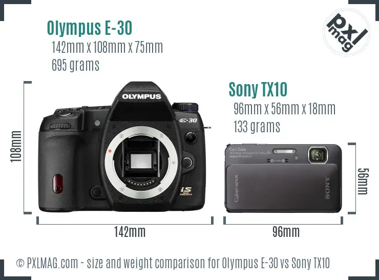 Olympus E-30 vs Sony TX10 size comparison