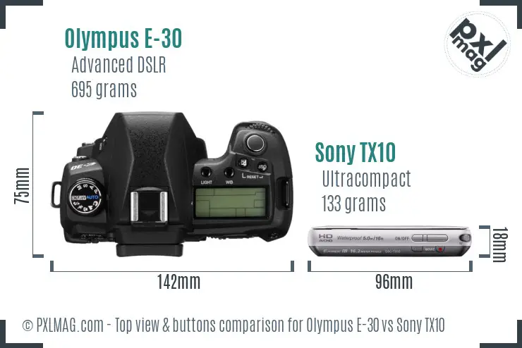 Olympus E-30 vs Sony TX10 top view buttons comparison