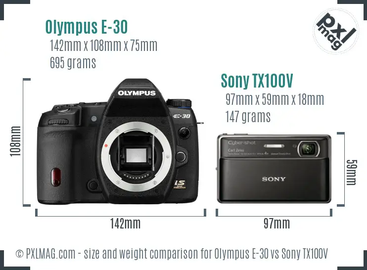 Olympus E-30 vs Sony TX100V size comparison