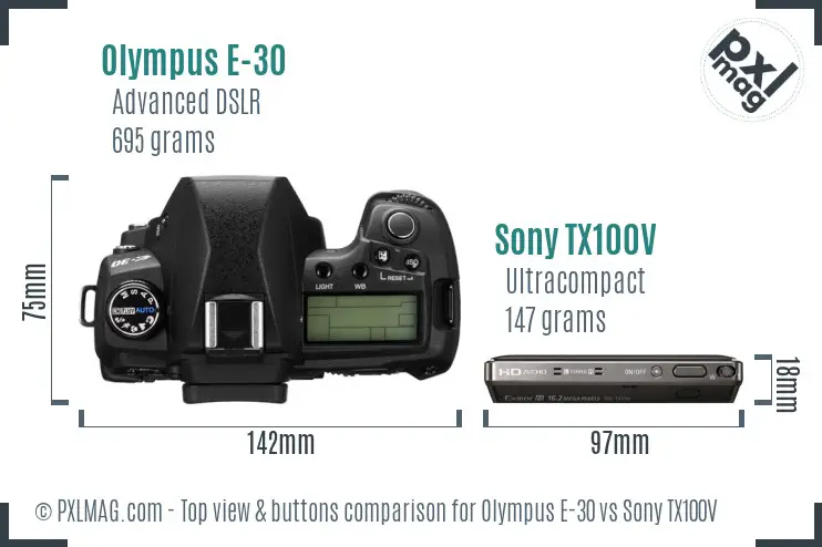 Olympus E-30 vs Sony TX100V top view buttons comparison