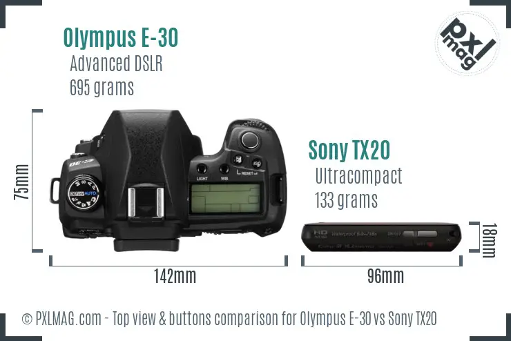 Olympus E-30 vs Sony TX20 top view buttons comparison