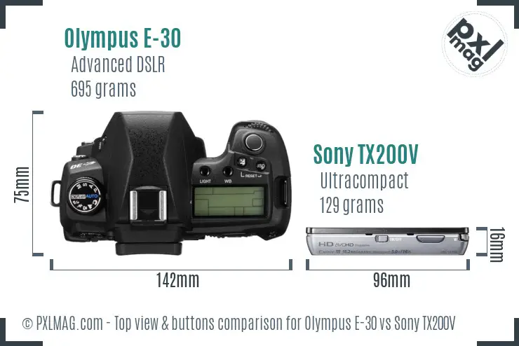Olympus E-30 vs Sony TX200V top view buttons comparison