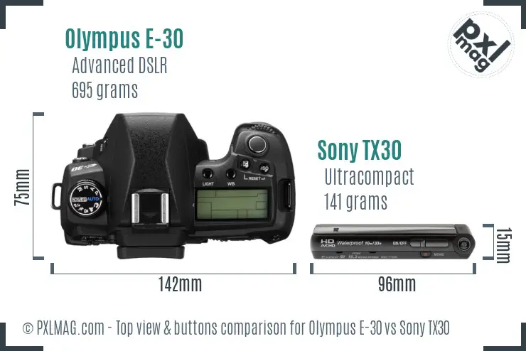 Olympus E-30 vs Sony TX30 top view buttons comparison Olympus E-30 vs Sony TX30 top view buttons comparison