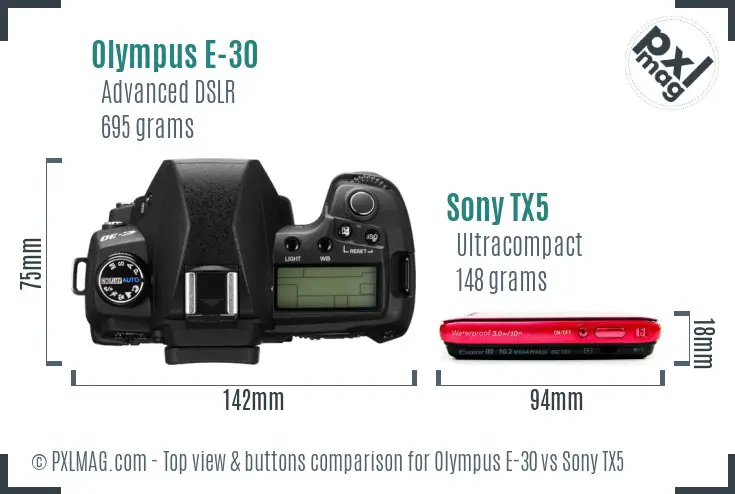 Olympus E-30 vs Sony TX5 top view buttons comparison Olympus E-30 vs Sony TX5 top view buttons comparison