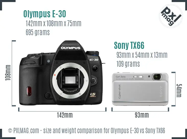 Olympus E-30 vs Sony TX66 size comparison Olympus E-30 vs Sony TX66 size comparison