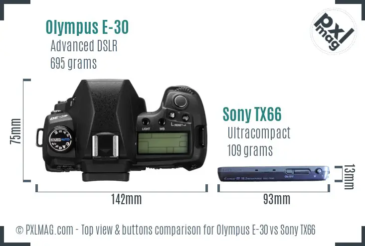 Olympus E-30 vs Sony TX66 top view buttons comparison Olympus E-30 vs Sony TX66 top view buttons comparison
