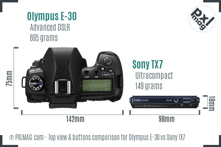 Olympus E-30 vs Sony TX7 top view buttons comparison