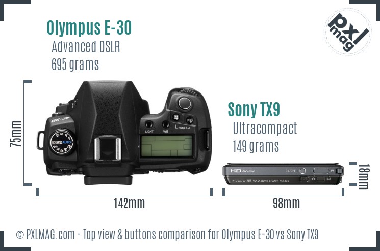 Olympus E-30 vs Sony TX9 top view buttons comparison