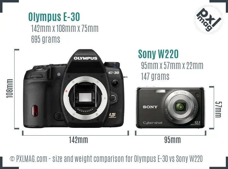 Olympus E-30 vs Sony W220 size comparison