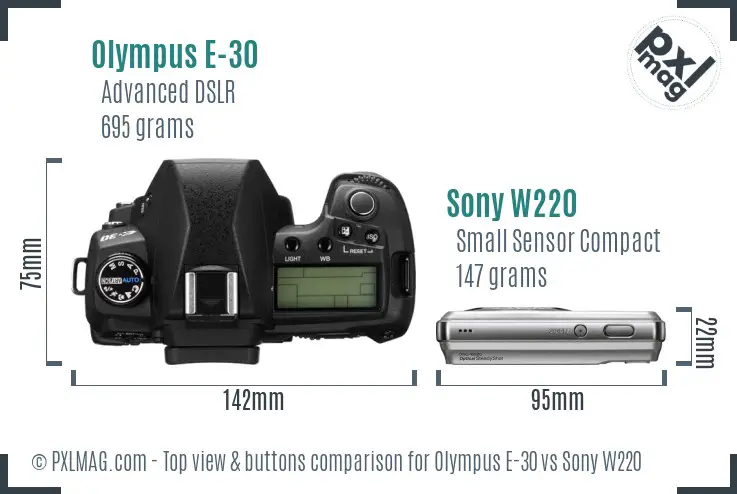 Olympus E-30 vs Sony W220 top view buttons comparison