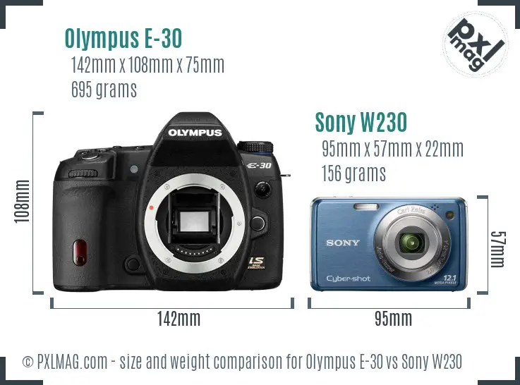Olympus E-30 vs Sony W230 size comparison