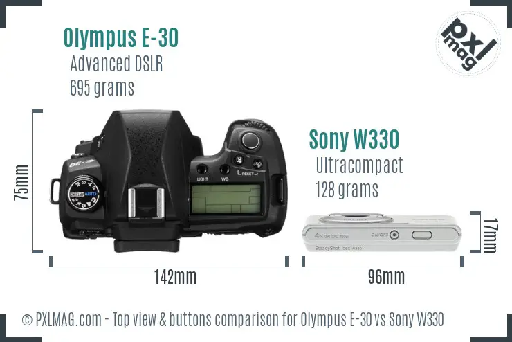 Olympus E-30 vs Sony W330 top view buttons comparison