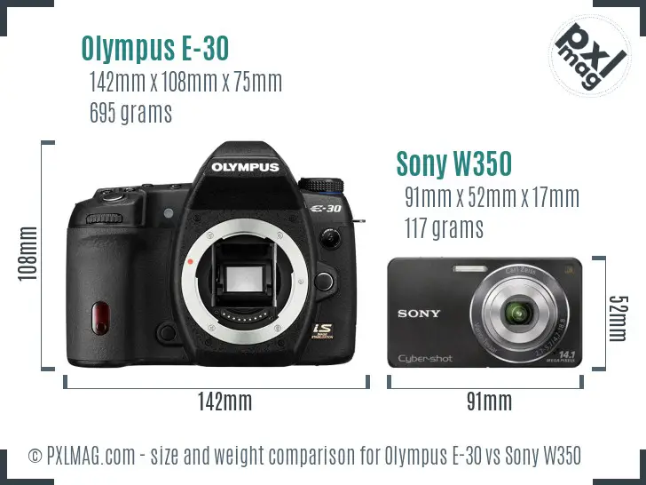 Olympus E-30 vs Sony W350 size comparison