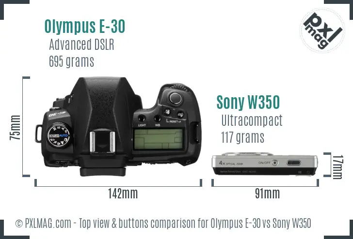 Olympus E-30 vs Sony W350 top view buttons comparison