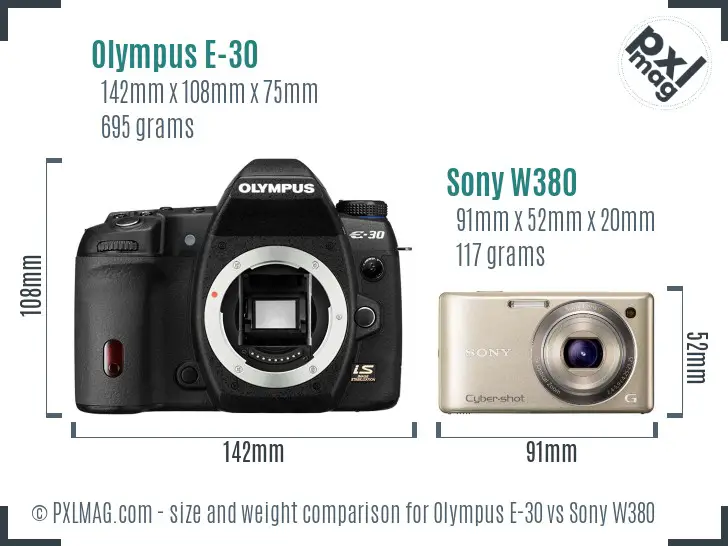 Olympus E-30 vs Sony W380 size comparison