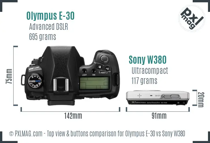 Olympus E-30 vs Sony W380 top view buttons comparison