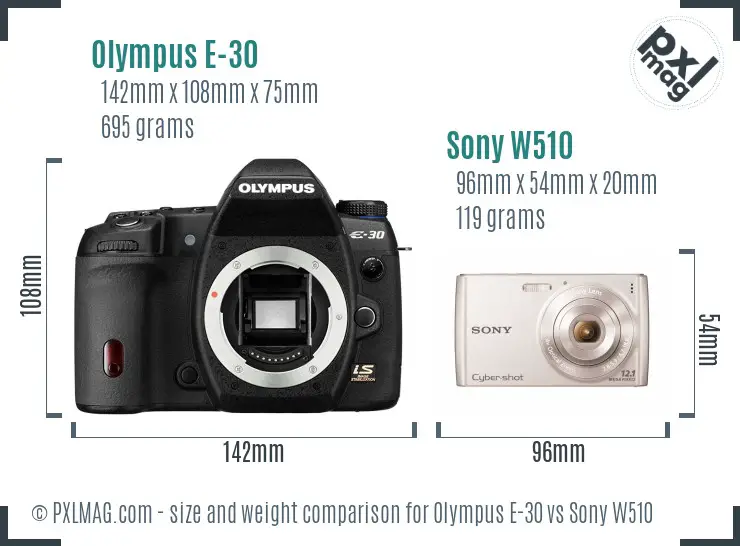 Olympus E-30 vs Sony W510 size comparison