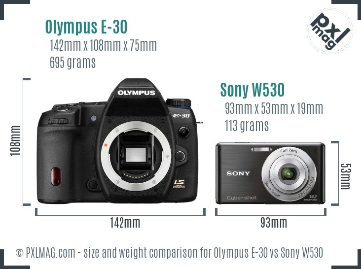 Olympus E-30 vs Sony W530 size comparison