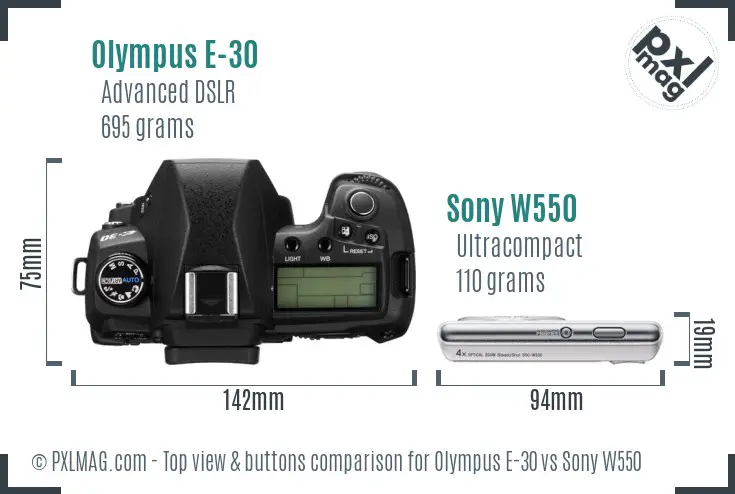 Olympus E-30 vs Sony W550 top view buttons comparison Olympus E-30 vs Sony W550 top view buttons comparison