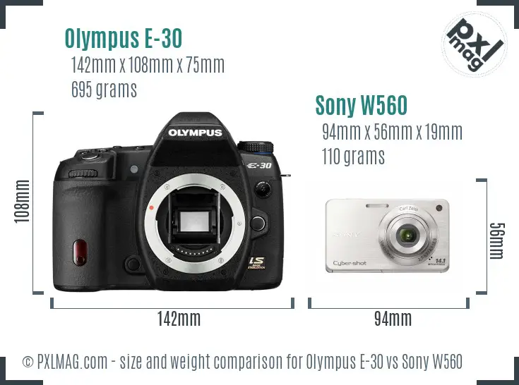 Olympus E-30 vs Sony W560 size comparison