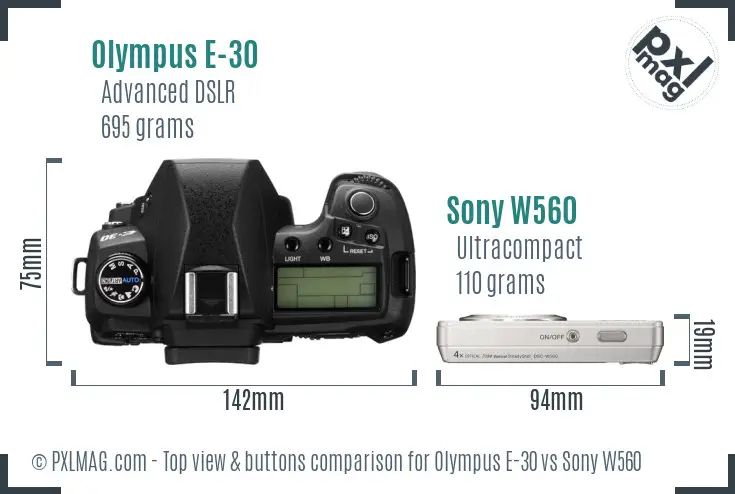 Olympus E-30 vs Sony W560 top view buttons comparison