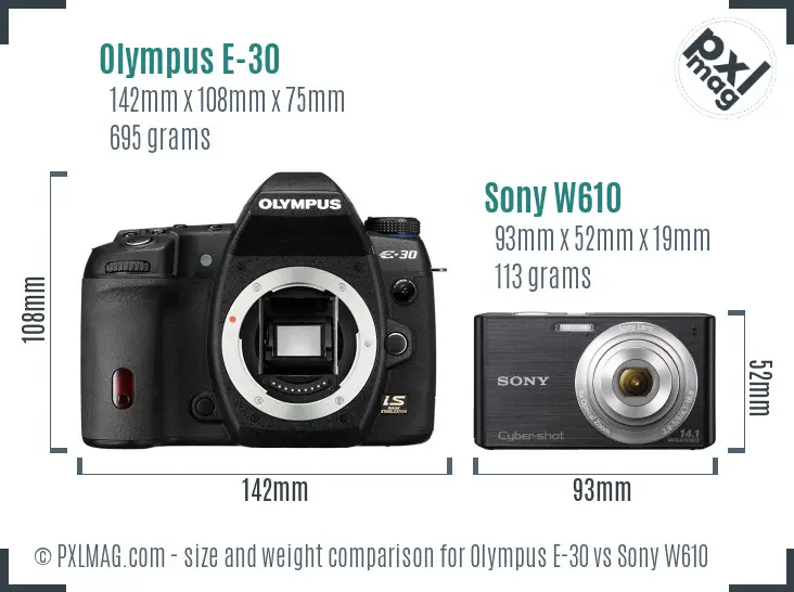 Olympus E-30 vs Sony W610 size comparison