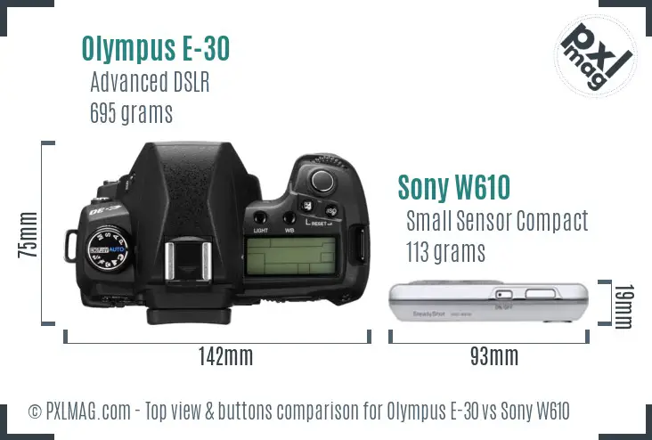 Olympus E-30 vs Sony W610 top view buttons comparison