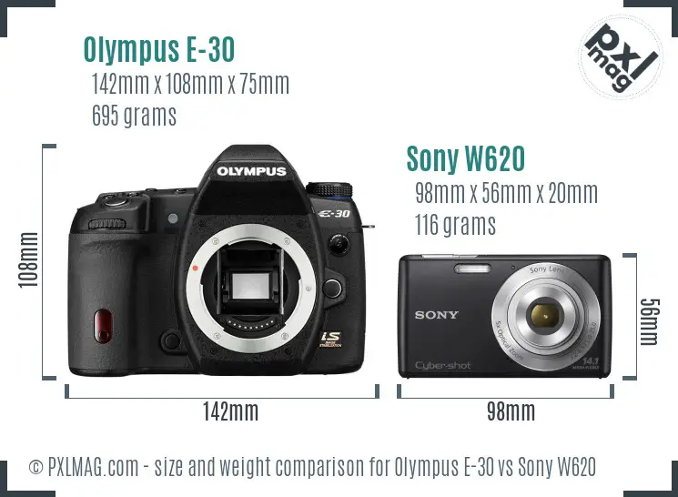 Olympus E-30 vs Sony W620 size comparison
