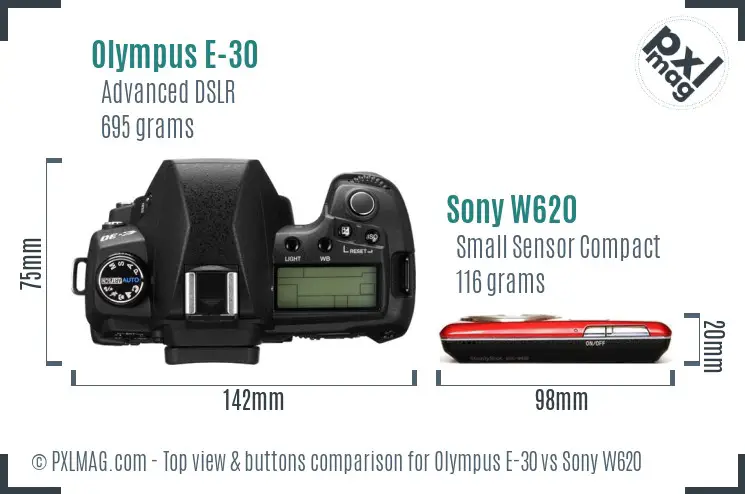 Olympus E-30 vs Sony W620 top view buttons comparison
