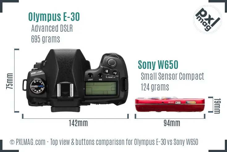 Olympus E-30 vs Sony W650 top view buttons comparison