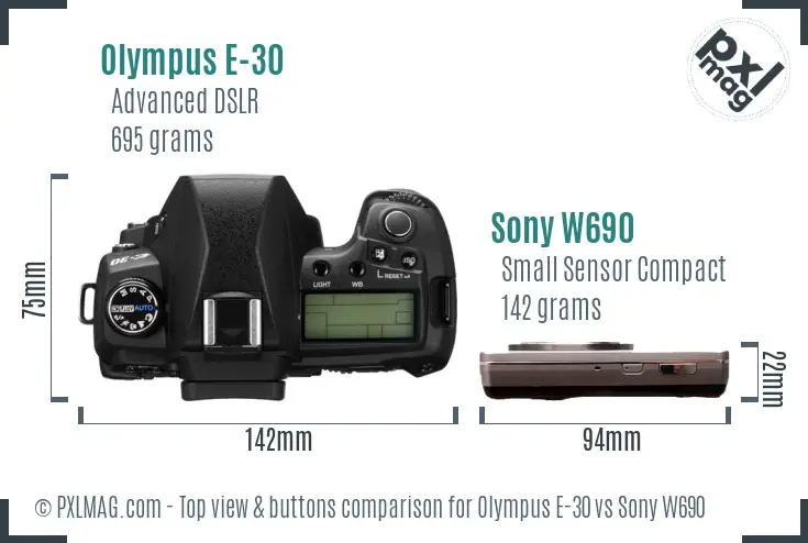 Olympus E-30 vs Sony W690 top view buttons comparison