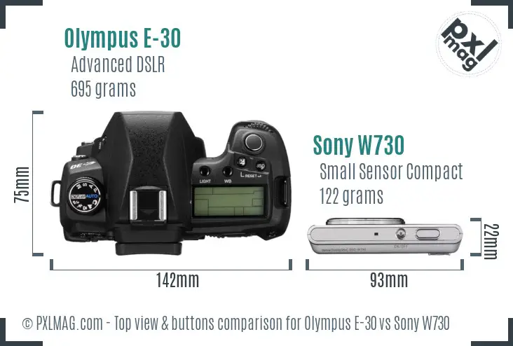 Olympus E-30 vs Sony W730 top view buttons comparison