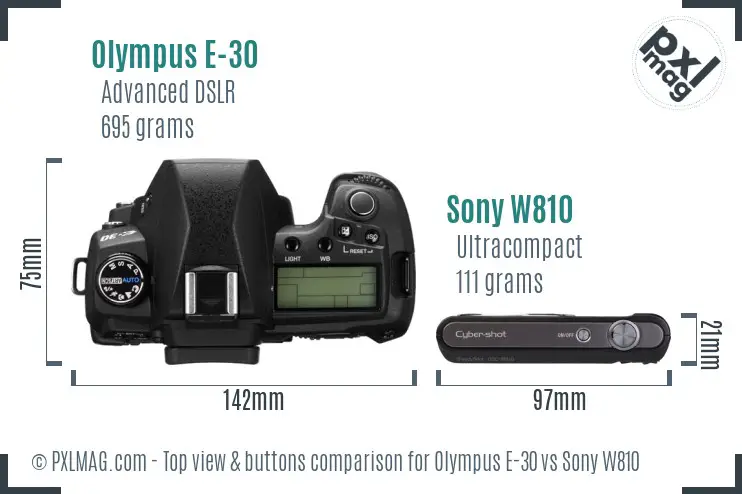 Olympus E-30 vs Sony W810 top view buttons comparison