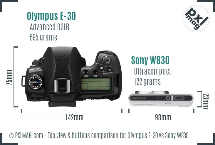 Olympus E-30 vs Sony W830 top view buttons comparison
