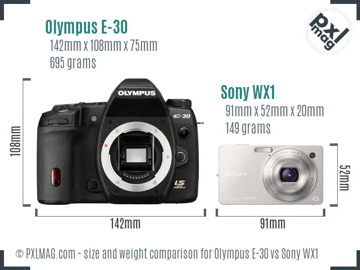 Olympus E-30 vs Sony WX1 size comparison